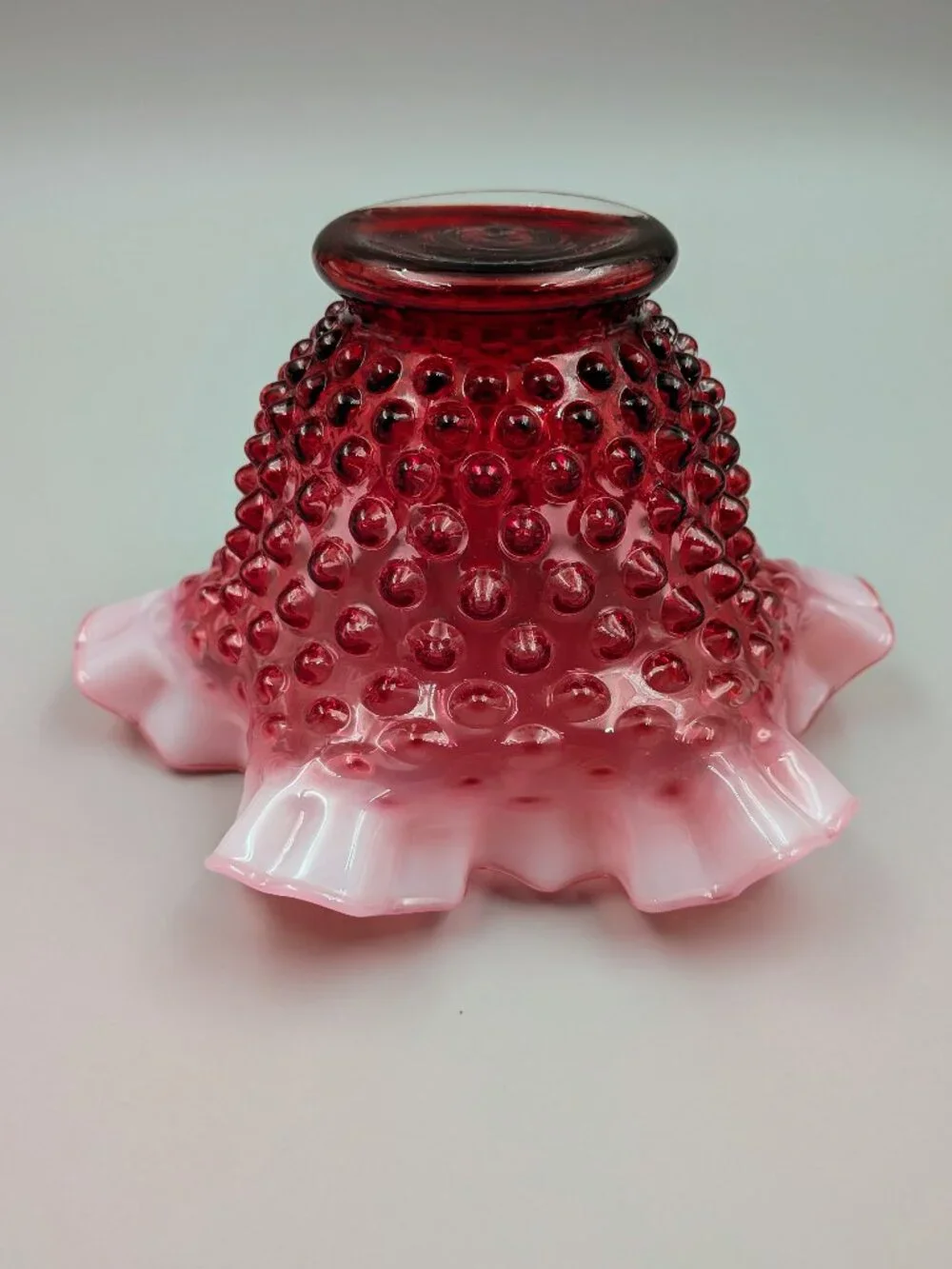 Vintage Fenton Cranberry Opalescent Hobnail Ruffled Bowl  - Midcentury Art Glass